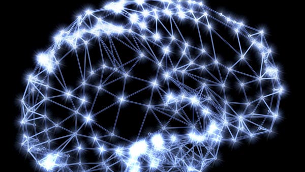 A network of glowing, interconnected nodes and lines forms the shape of a brain.
