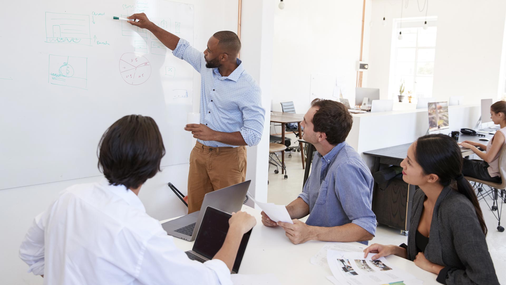 People meeting and writing on a white board