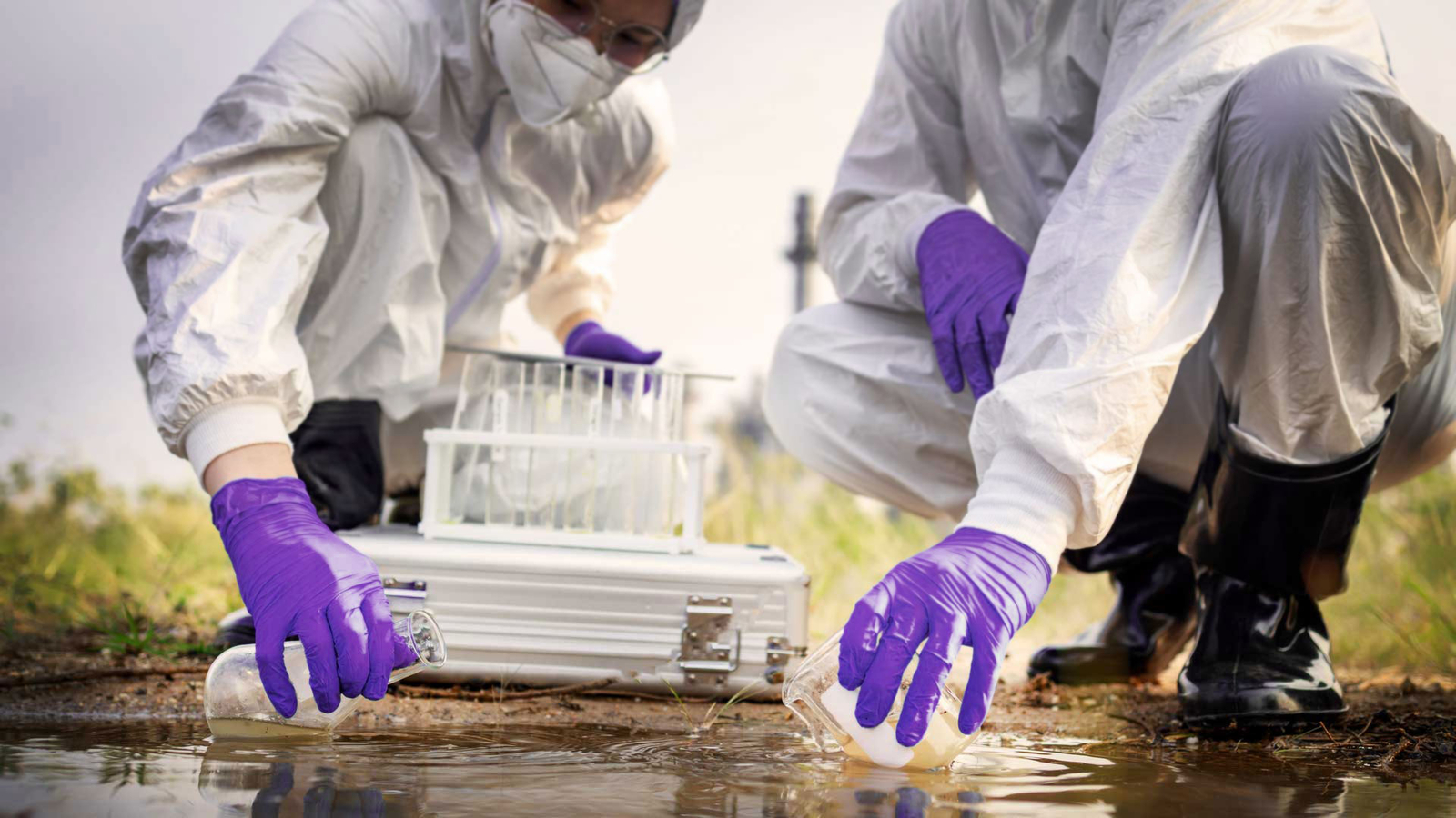 Two scientists gathering water from a pond to test for contaminants