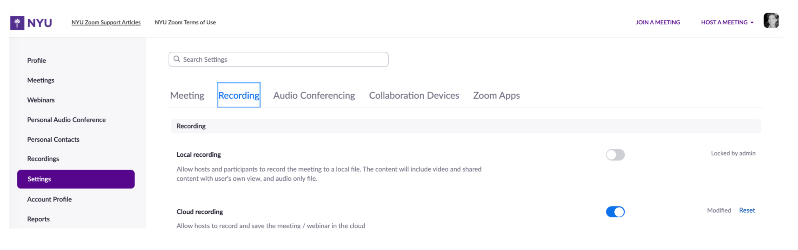 zoom settings with recording tab marked
