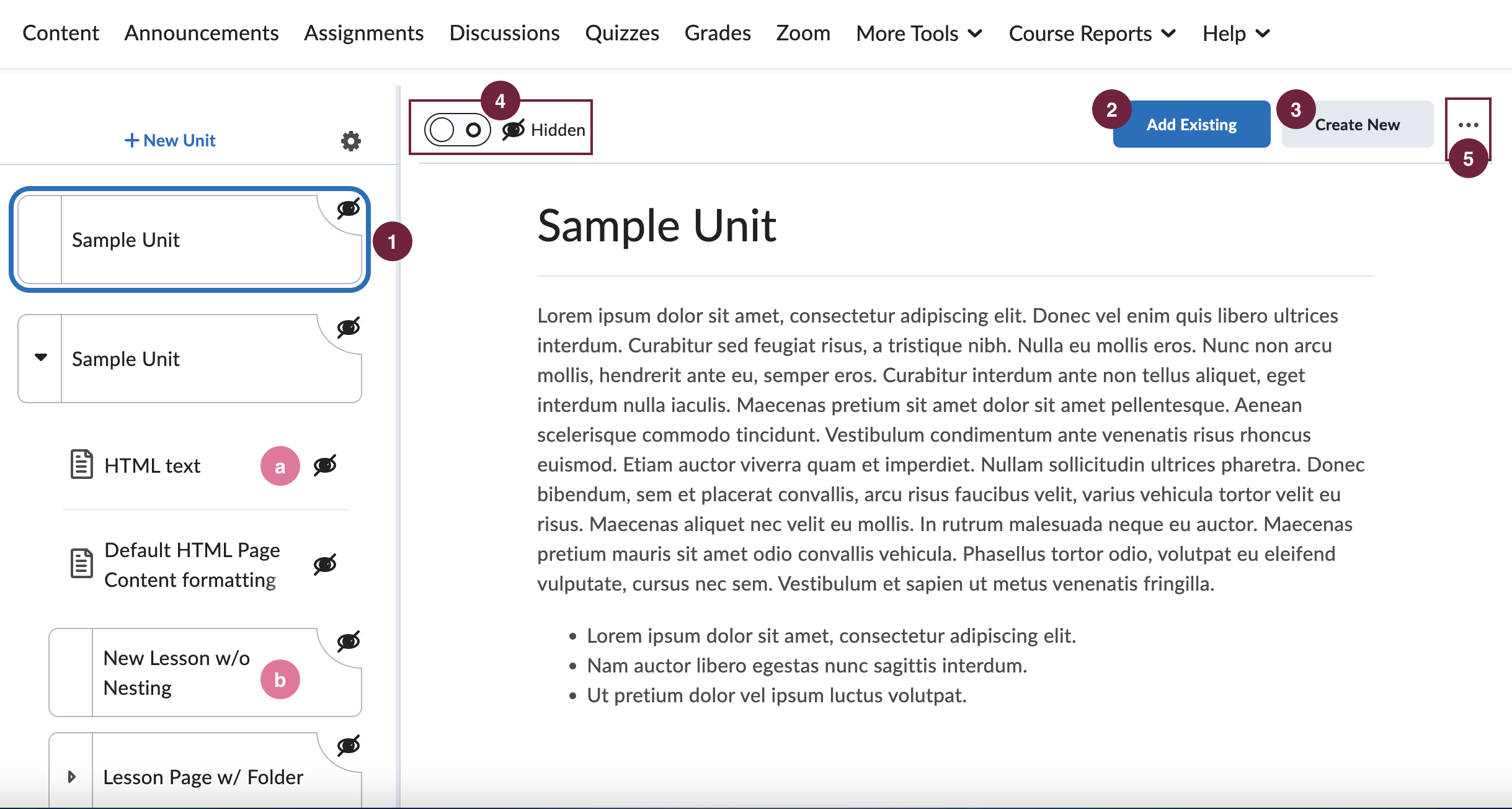 content page with labels